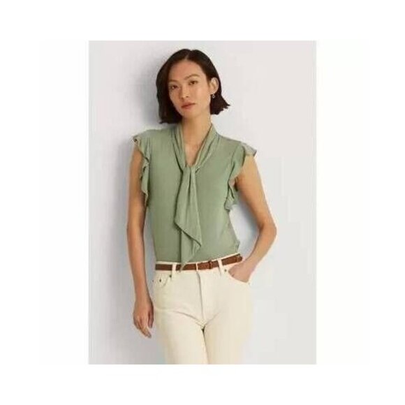 Ralph Lauren Ruffle-Sleeve Tie Neck Top Olive Green Size L MSRP $70 - Picture 2 of 2